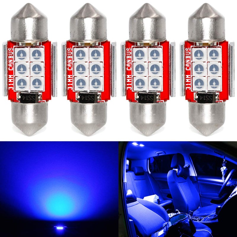 PHINLION DE3175 LED Blue Light Bulb, Super Bright Festoon 1.25" 31mm DE3021 DE3022 Miniature LED Bulbs for Car Interior Map Reading Dome Courtesy License Plate Lights, Pack of 4 - Image 1